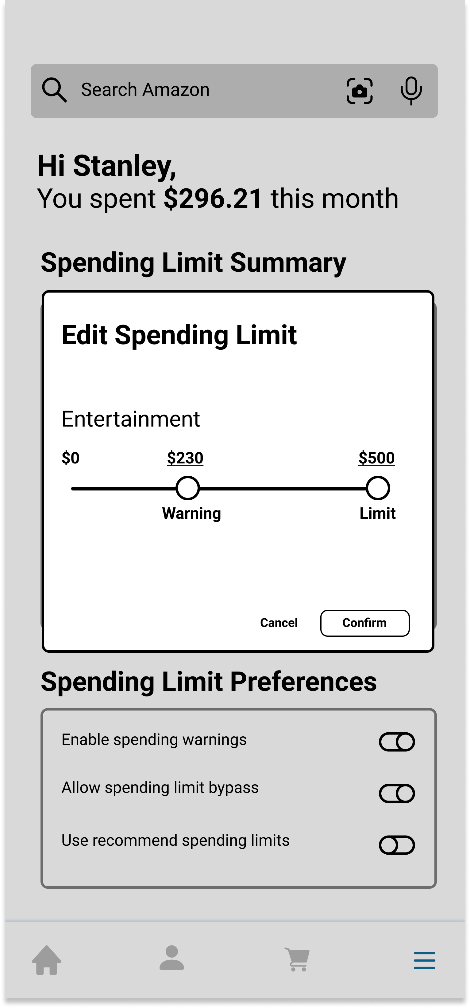 LoFi Prototype 1 Edit Spending Limit Screen