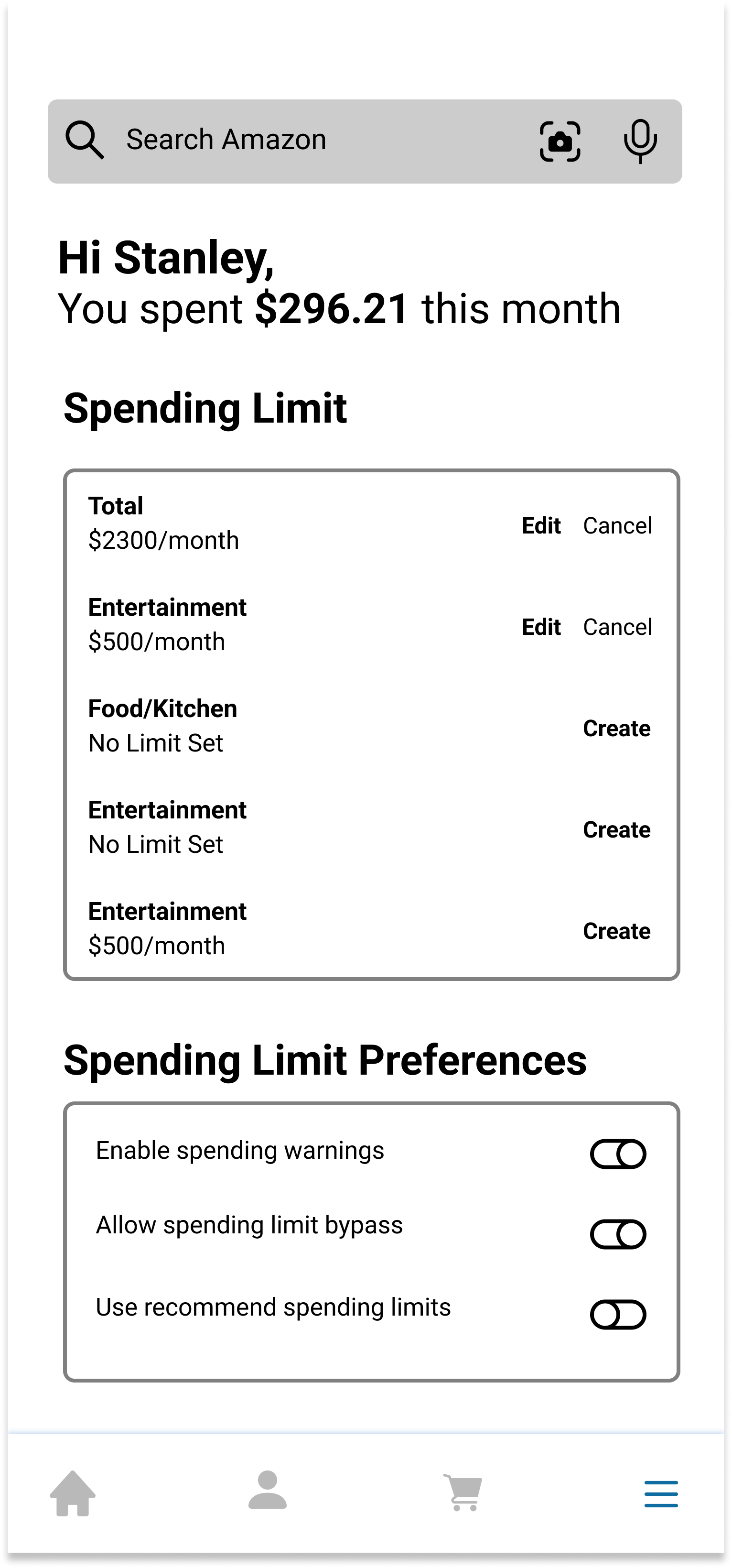 LoFi Prototype 1 View Spending Limits Screen